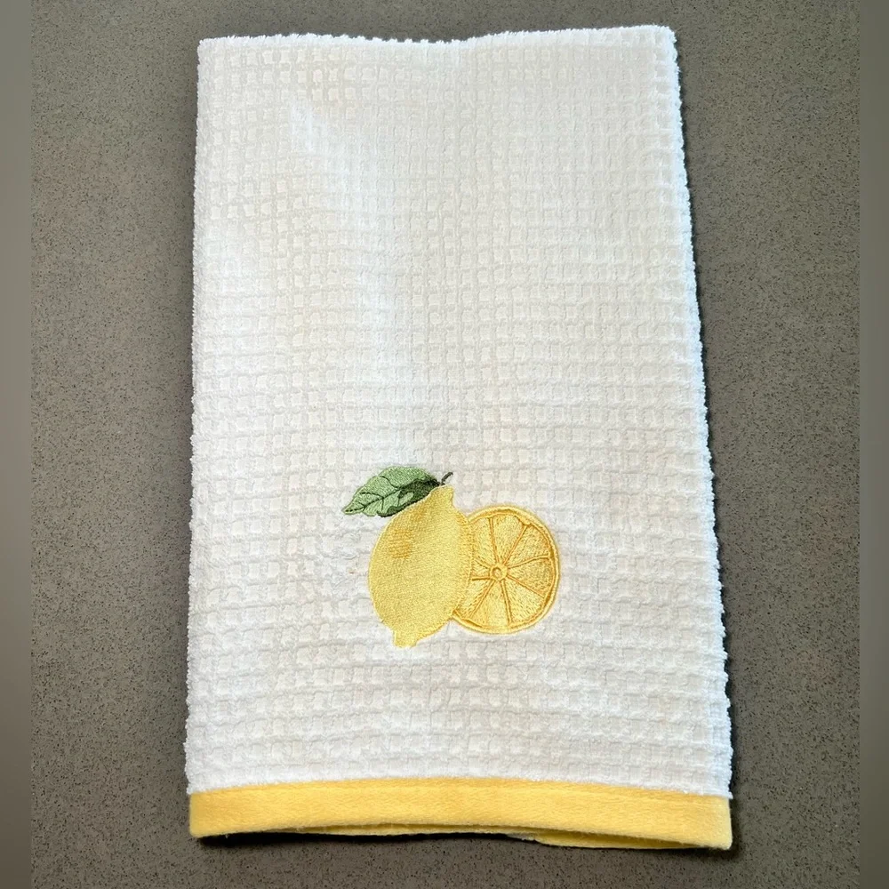 LA PATISSERIE Lemon Kitchen Towel Pot Holder Set Turkish Cotton Waffle White 2Pc